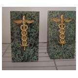 Green Marble Bookends with Gold Caduceus Design