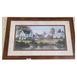 Framed Landscape Print, Farmhouses and Lake Scene