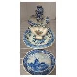 Delft Blue Ceramic Vase, Plates, and Bowl Set