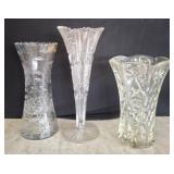 Three Cut Glass Vases, 14in Tall