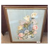 Floral Needlework in Wood Frame, 22x26 Inches