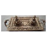 Ornate Brass Tray with Handles and Two Lidded Jars