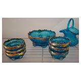 Blue Pressed Glass Tableware With Gilt Accents