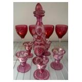 Cranberry Glass Decanter and Wine Glass Set