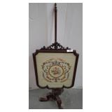 Ornate Wooden Fire Screen with Needlework Panel