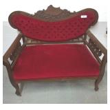 Carved Wood Settee with Red Upholstery