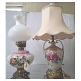Two Floral Table Lamps With Painted Glass Bases