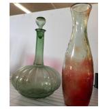 Green Glass Decanter and Red-Orange Vase