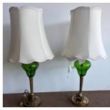 Brass Lamps with Green Glass Accents