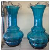 10" Blue Glass Vases with Ruffled Rims