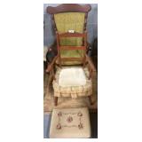 Two Wood Chairs and a Needlepoint Footstool