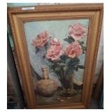 Framed Oil Painting of Pink Roses and Vases