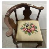 Wooden Corner Chair with Floral Needlepoint Seat