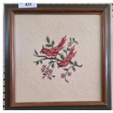 Framed Needlework Depicting Cardinals on Branch