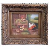 Framed Oil on Canvas of Chickens, 16x14"