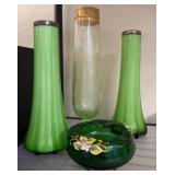 Green Glass Vases and Hand-Painted Bowl