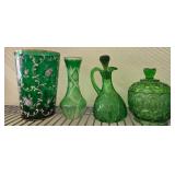 Four Green Glass Tableware Items