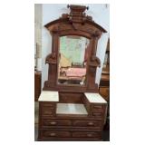 Walnut Dresser with Mirror and Marble Tops