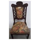 Wood Chair With Floral Upholstery and Carved Back