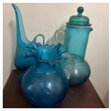 Three Blue Art Glass Pitchers
