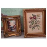 Two Framed Artworks: Floral and Landscape Scenes
