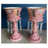 Pink Glass Mantle Lustres, 14in Tall