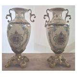 13in Ceramic Vases with Gilt Metal Bases