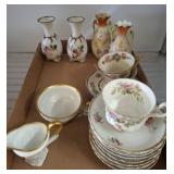 Floral China Cups, Saucers, and Vases