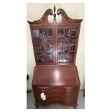 Mahogany Secretary Desk with Glass Cabinet Top