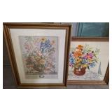 Framed Floral Print and Embroidered Artwork