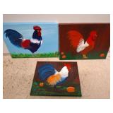 3 Acrylic Rooster Paintings by Dudek