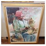 Framed Painting of a Woman Weaving Baskets
