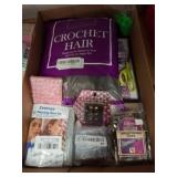 Box Lot: Crochet Hair, Tools, and Accessories