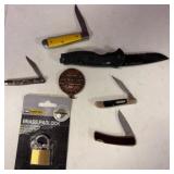 Folding Knives and Brass Padlock
