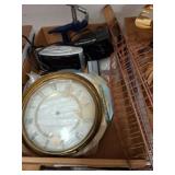 Box Lot With Clock, Electronics, and Metal Rack
