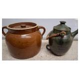 Stoneware Crock and Glazed Ceramic Teapot
