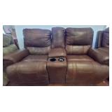 Brown Leather Reclining Sofa with Cup Holders