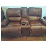 Brown Leather Reclining Loveseat with Console