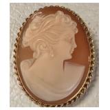 14K Gold Hand-Carved Shell Cameo Brooch