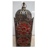 Pierced Metal Lantern With Red Glass Panels