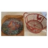 Decorative Rooster Plate and Wire Basket Set