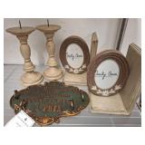 Decorative Lot: Candlesticks, Frames, and Plaque