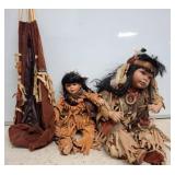 Two Porcelain Dolls with Faux Suede Tent