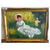 Framed Oil Painting of Woman with Pink Parasol