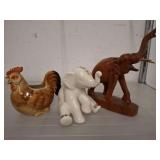 Ceramic Chicken, Lenox Elephant, Wood Elephant
