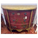 Hand-Painted Demilune Chest, 3 Drawers, Red & Gold