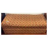 Upholstered Bench with Red and Gold Pattern