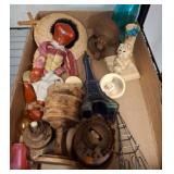 Box Lot of Decorative Items and Tin Marionette