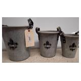 Three Metal Buckets with Fleur-de-Lys Motif