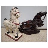 Painted Polka Dot ceramic horse and Carved Wood Ho